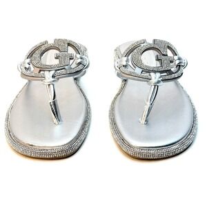 Guess Women's Saima Rhinestone Signature Flat thong Sandals Silver Size 7M NWT